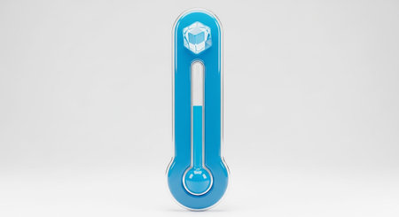 A 3D rendered of a blue thermometer with a clear glass tube. The bulb at the bottom contains a blue liquid that rises to a low level, indicating a cold temperature. An ice cube is positioned at the very of the thermometer's tube, further emphasizing the concept of extreme cold. The background is a clean, neutral gray, isolating the thermometer and its for clear visual focus.の素材