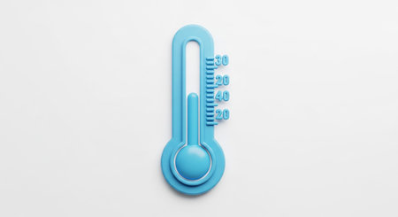 A bright blue thermometer stands vertically on a white background, displaying a moderate temperature. The liquid column is clearly visible within the glass tube, reaching a point on the Celsius scale that numerical markings from 20 to 30. The thermometer has a clean, modern with a rounded bulb at the bottom. The lighting is bright and even, highlighting the blue color and the precise scale. effectively a typical temperature reading.の素材