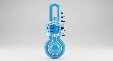 A 3D rendered blue thermometer is presented against a light gray background. The thermometer's glass tube a blue liquid at a low level, indicating a cold temperature. A prominent, transparent ice cube is positioned directly in the middle of the thermometer's tube, resting on the glass. This placement visually a critical freezing point or a very low temperature reading. The overall aesthetic is clean and modern.の素材