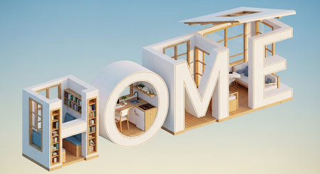 The word "HOME" is creatively constructed from miniature architectural models, each letter forming a distinct interior living space. The 'H' contains a cozy reading nook with bookshelves, the 'O' showcases a compact kitchen area, and the 'ME' letters reveal a living room and a bedroom with minimalist furniture. Constructed from light wood and white these spaces are bathed in natural light, highlighting their functional and stylish The overall concept is a unique representation of home and...の素材
