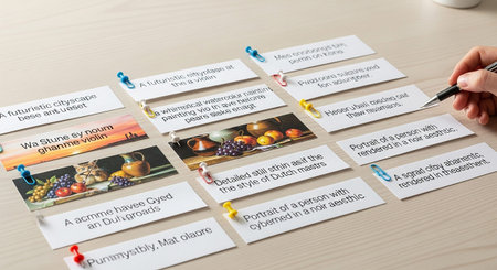 A collection of small cards, some featuring miniature artworks and others with text, are scattered and clipped onto a light-colored wooden desk. A hand holding a pen is poised to write on one of the cards. The cards display a variety of including still life paintings of fruit, a cat, a futuristic cityscape, and text descriptions. The scene suggests a creative process, brainstorming, or the organization of ideas and prompts for a project.の素材