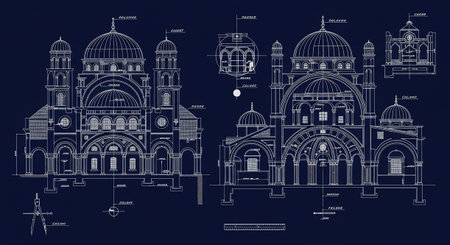 A detailed architectural blueprint of a large, ornate cathedral. The both an exterior elevation and a cross-section, showcasing the building's complex structure. White lines delineate the facade, featuring multiple domes, arched windows, and intricate detailing. The section view reveals the interior layout, including columns, vaulted ceilings, and staircases. Labels and measurements are present in French, indicating technical specifications. The overall presentation is on a dark blue...の素材