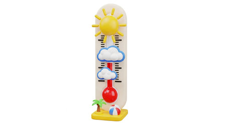 A vibrant 3D rendering of a thermometer set on a yellow base, depicting a beach scene. A bright yellow sun shines above, with two fluffy clouds. A small palm tree and a red and white striped beach ball are placed at the base. The thermometer's red liquid indicates a temperature, suggesting a hot summer day. is themes of summer, vacation, and hot weather.の素材