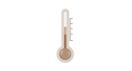 showcases a beige thermometer against a plain white background. The thermometer a moderate temperature reading, with the brown liquid filling a portion of the glass tube. The instrument includes a bulb at the bottom and a series of precise markings along the tube to indicate temperature levels. The overall presentation is clean, straightforward, and focused on theの素材