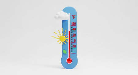 A vibrant blue cartoon thermometer a temperature, with the red liquid column reaching a significant mark on the Fahrenheit scale. A smiling sun with bright rays is positioned next to a fluffy cloud, and a green leaf is visible near the base. The thermometer is isolated on a white background, emphasizing its playful and illustrative style. is conveying concepts of intense heat, summer weather, or temperatures in a visually engaging and friendly manner.の素材