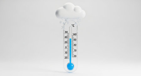 A clear glass thermometer a blue liquid column indicating a low temperature. Above the thermometer, a stylized white cloud is depicted, with several delicate snowflakes falling from it. The thermometer scale degrees Celsius, with markings from -30 to 40. The background is a clean, neutral white, emphasizing the thermometer and its associated weather visually cold weather conditions and temperature measurement.の素材