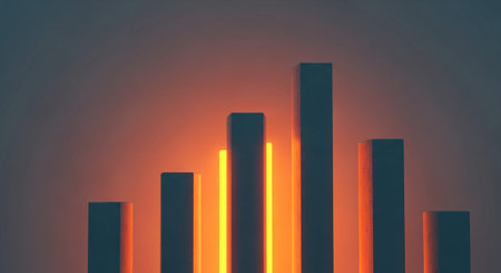 This is a close-up view of abstract geometric bars, resembling a bar graph, set against a dark, muted background. The bars are illuminated with a bright, intense orange light that shines from within or between them, creating sharp highlights and deep shadows. The varying heights of the bars suggest a representation of data or growth. The lighting is dramatic, emphasizing the sharp edges and the vibrant glow of the orange light.の素材