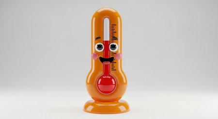 A charming 3D render of an anthropomorphic thermometer. The character is a vibrant orange with a large, smiling mouth and wide, expressive eyes. Red liquid fills the bulb and rises up the scale, indicating a temperature. The thermometer stands upright on a circular base against a clean white background, exuding a sense of fun and warmth. Its playful makes it educational or lightheartedの素材
