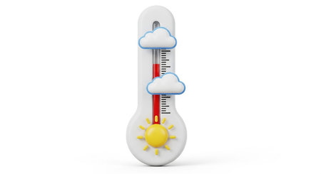 A stylized 3D of a white thermometer against a plain white background. The thermometer a red liquid column indicating a warm temperature. A cheerful yellow sun is positioned at the bottom, and two fluffy white clouds with blue outlines are placed along the thermometer's scale, suggesting a sunny and partly cloudy day. The is clean, modern, and has a playful, cartoonish aesthetic.の素材