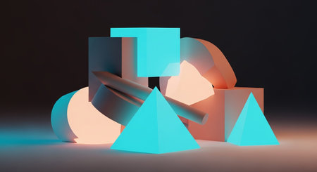 A collection of various 3D geometric primitives such as cubes, pyramids, cylinders, and arches are arranged in a dynamic composition. The shapes are illuminated by glowing neon lights in cyan and orange, casting soft glows and highlights. The scene is set against a dark studio background with a reflective surface, emphasizing the clean lines and modern aesthetic of the digitalの素材