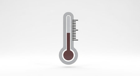A minimalist gray thermometer is presented against a stark white background. The liquid within the thermometer's tube is a deep, rich red, signifying a or elevated temperature. The thermometer's is sleek and modern, with a clear scale for reading the measurement. effectively conveys the concept of heat or fever through its visual representation of a temperature reading.の素材