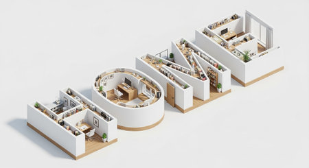 This is a detailed 3D isometric rendering of the word HOME transformed into a multi-story office building. Each letter a section of a modern workspace, complete with individual offices, cubicles, meeting areas, and common spaces. The emphasizes functionality and a clean, contemporary aesthetic with white walls and wooden accents, showcasing a conceptual blend of home and work environments.の素材