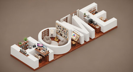 An isometric 3D presents the word "HOME" as a series of interconnected rooms forming a versatile living and working space. The a home office area with dual monitors and a laptop, a relaxed lounge with beanbag chairs and a guitar, and a creative zone with an easel and a collection of framed The interior is characterized by a modern, minimalist style, with wooden accents and a neutral color palette, highlighting a harmonious blend of productivity and leisure.の素材