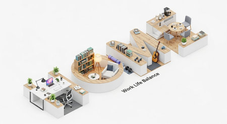 This isometric 3D rendering visually the concept of work-life balance. The word "HOME" is formed by modular sections, each depicting a different aspect of life. One section a modern home office setup with a desk, laptop, and plants. Another section a cozy reading nook with a comfortable chair, lamp, and bookshelf. A third section a home gym with yoga mats and dumbbells, alongside a guitar suggesting leisure activities. The final section a small dining area with a table, chairs, and a coffee...の素材