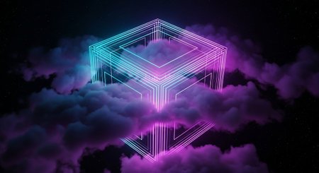 A geometric cube, constructed from thin neon lines in shades of cyan and magenta, is suspended in a deep, dark, star-filled night sky. Wisps of dark, moody clouds partially embrace the cube, adding depth and texture to the scene. The cube's structure is complex and layered, with its neon glow casting a soft, ethereal light. The overall aesthetic is futuristic and abstract, suggesting a digital construct or a portal within a vast, cosmic expanse.の素材