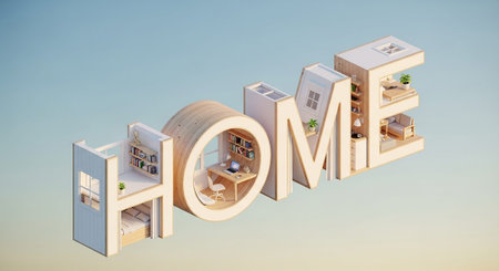 This is a 3D isometric of the word HOME, where each letter is creatively designed to represent a miniature living space. The 'H' contains a bedroom with a bed and bookshelf. The 'O' is a circular room with a desk, chair, and window. The 'M' a study area with a desk and shelves. The 'E' is a multi-level space with a bedroom and a balcony. The overall aesthetic is modern, minimalist, and inviting, with a focus on natural wood and white set against a soft gradient sky.の素材