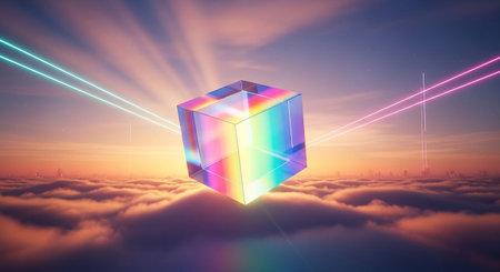 A transparent, crystal cube, refracting a spectrum of colors, is positioned in the sky above a sea of clouds. Two distinct light beams, one cyan and one pink, converge on the cube, highlighting its prismatic qualities. In the distance, a futuristic city's lights are visible through the clouds, suggesting a hiddenの素材