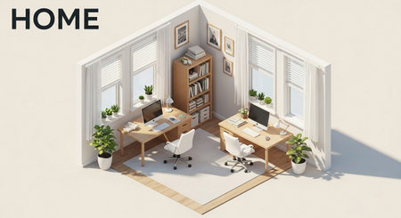An isometric view of a modern home office featuring two identical workstations. Each desk is equipped with a computer, lamp, and desk accessories. Large windows with white blinds allow ample natural light to fill the space. A wooden bookshelf stands against one wall, filled with books. Potted plants add a touch of green to the room, enhancing the cozy and productive atmosphere. The flooring is light wood, and a neutral rug anchors the seating area.の素材
