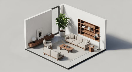 An isometric view of a cozy and modern living room. The space is arranged with comfortable seating, including a sofa and an armchair, centered around a wooden coffee table. A prominent wooden bookshelf fills one wall, offering ample storage and display space. A tall potted plant adds a touch of nature, and a floor lamp provides ambient lighting. The overall is minimalist and inviting, relaxation and reading.の素材