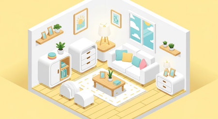 This isometric showcases a cozy and modern living room interior. Dominated by white furniture such as a sofa, cabinet, and side tables, the room is enhanced with colorful cushions and decorative plants. A coffee table with books and frames sits on a patterned rug. The scene is illuminated by natural light from a window, creating a bright and inviting atmosphere against a soft yellow backdrop.の素材