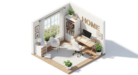 This isometric depiction showcases a cozy home office bathed in natural light from a large window. The setup includes a wooden desk with a computer, a comfortable chair, and a bookshelf. A prominent wooden "HOME" sign adorns the wall. Potted plants add a touch of green, and a soft rug lies on the wooden floor. The overall aesthetic is clean, organized, and inviting for remote work or study.の素材