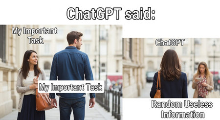 A humorous meme depicting a couple walking away from their important tasks. The man is looking back at his partner, who is labeled "My Important Task," while she is looking ahead at another person labeled "ChatGPT." The second panel the woman looking at "ChatGPT" who is offering "Random Useless Information," implying a distraction from important duties. The urban setting with blurred buildings suggests a modern, everyday scenario.の素材