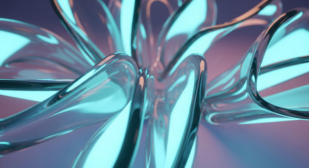 A close-up view of a fluid glass sculpture with smooth, flowing curves. The is translucent and reflects iridescent light in shades of teal and pink, creating a luminous and ethereal effect. The background is a soft gradient of purple and pink, enhancing the and modern aesthetic of the abstract form.の素材