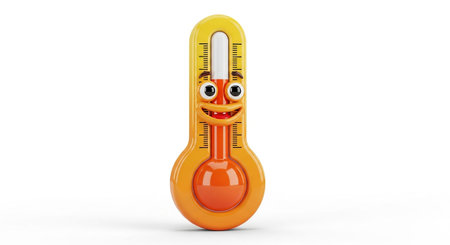 This 3D rendered an animated cartoon thermometer character on a white background. The thermometer has an orange and yellow body, a broad, excited grin, and wide, expressive eyes. The glass tube contains orange-red liquid, indicating a temperature. The character's energetic expression suggests heat or spirits, making it a dynamic visualの素材