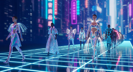 A digital fashion runway is set against the backdrop of a vibrant neon city. Models walk the illuminated grid runway, showcasing holographic and glowing outfits with intricate geometric The city skyline is blurred with streaks of neon lights in blue and pink, creating a dynamic and futuristic urban environment. The scene is sleek, modern, and visually striking, highlighting the intersection of fashion and technology.の素材