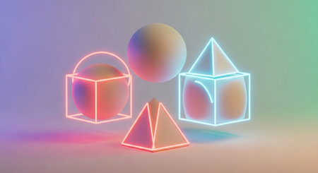 A minimalist composition of abstract geometric shapes including spheres, cubes, and pyramids. Each shape is outlined with vibrant neon light in shades of pink and blue, creating a glowing effect against a soft pastel gradient background. The lighting casts subtle shadows, enhancing the three-dimensional of the forms. This abstract evokes a sense of modern and digitalの素材