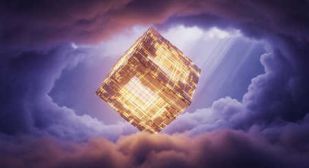 A complex, illuminated geometric cube, glowing with warm orange and yellow light, emerges from a swirling mass of dark purple clouds. Ethereal light beams pierce through the clouds from above, casting a divine or hopeful glow. The cube's surface is detailed with intricate patterns of light. The overall atmosphere is one of mystery, revelation, and a powerful, otherworldly presence breaking through the darkness.の素材
