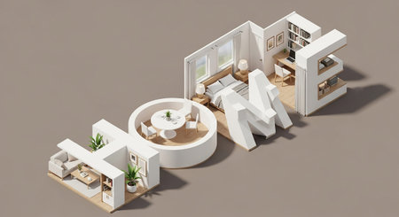 A conceptual 3D isometric forming the word HOME with miniature interior rooms. The letters are constructed from architectural and contain detailed scenes of a living area, a dining space, a bedroom, and a study. The overall aesthetic is clean, modern, and bright, showcasing a stylized representation of domestic living spaces.の素材