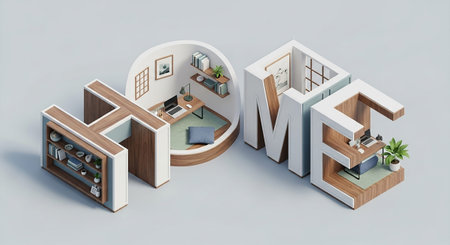 The word HOME is creatively represented by large, three-dimensional letters in this isometric 3D Each letter is transformed into a miniature interior space. The 'H' contains a bookshelf filled with books and decorative The 'O' is a cozy study nook with a desk, computer, and a comfortable cushion. The 'M' is an studio with easels and paintings. The 'E' is a functional home office setup with a desk, laptop, and shelving. The scenes are rendered with a clean, modern aesthetic, emphasizing...の素材
