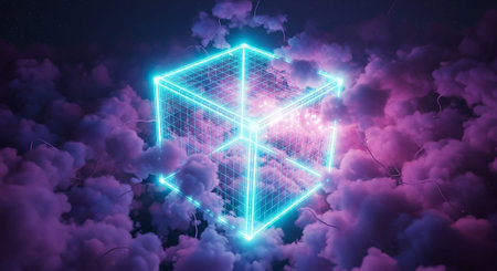 A abstract scene where a luminous cyan wireframe cube, displaying an intricate geometric pattern, is the central focus. It is surrounded by a dense, ethereal mass of purple and pink clouds, with delicate, vine-like tendrils extending from some of the clouds towards the cube. The cube emits a bright light that illuminates the surrounding cosmic formations. The conveys a sense of advanced technology and a surreal, otherworldly environment.の素材