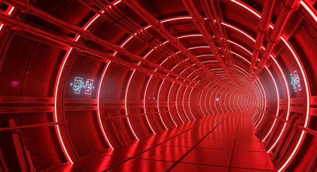 a long, cylindrical tunnel illuminated by vibrant red neon lights. The walls and ceiling are constructed from metallic featuring visible pipes and ribbed textures that suggest an industrial or futuristic setting. The floor is also metallic and reflects the intense red glow, enhancing the sense of depth and immersion. The repeating pattern of illuminated arches and the receding perspective draw the viewer into the tunnel, creating a powerful and atmospheric visual experience.の素材
