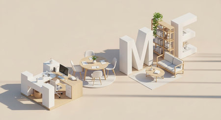 An isometric 3D presents the word HOME constructed from large letters, each containing a miniature scene. The 'H' is a desk area with a computer and office chair. The 'O' is a circular space with a small dining table and chairs. The 'M' is a large white letter that forms part of a living area with a sofa and coffee table. The 'E' is a white letter incorporating a wooden bookshelf and a plant. The scenes are rendered in a clean, modern, and minimalist style with a light beige and white color...の素材
