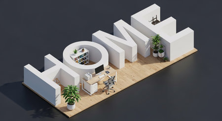 An isometric 3D showcases a home office setup integrated within the large white letters spelling "HOME." The scene is set against a dark, contrasting background. The interior includes a desk with a computer, an office chair, a bookshelf filled with books, and a potted plant, all arranged on a wooden floor. The overall aesthetic is minimalist and modern, emphasizing a focused and organized workspace.の素材