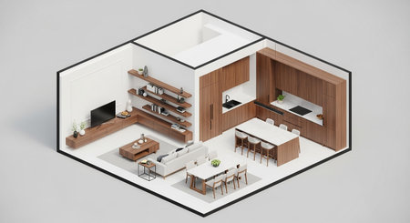 An isometric visualization of a modern residence showcasing an integrated living, dining, and kitchen area. The emphasizes clean lines and a neutral color palette, with rich wood cabinetry adding warmth. A central kitchen island is complemented by a separate dining table and chairs, while the living area offers comfortable seating and a sleek entertainment unit. The layout is optimized for a contemporary, functional, and aesthetically pleasing living experience.の素材