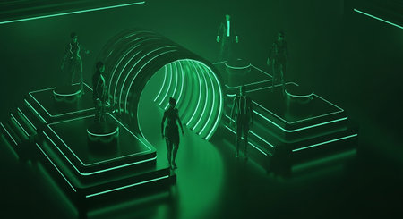 A minimalist and futuristic scene with a central, curved tunnel illuminated by vibrant green neon lights. Several stylized human figures stand on illuminated geometric platforms surrounding the entrance. The overall aesthetic is dark and atmospheric, with the glowing green lights creating a striking contrast and a sense of advanced technology or a digital portal.の素材