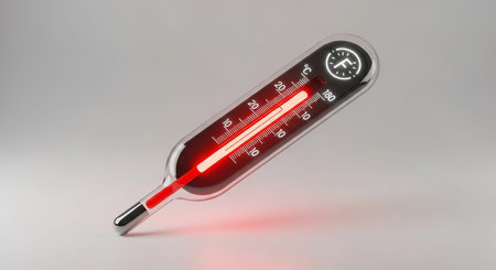 A detailed studio shot of a classic mercury thermometer with a clear glass tube. The thermometer indicates a temperature, with the red mercury column reaching a significant level. Both Celsius and Fahrenheit scales are visible, along with a prominent 'F' symbol. The instrument is isolated on a white background, with a subtle red glow emanating from the liquid, emphasizing the concept of heat and measurement.の素材