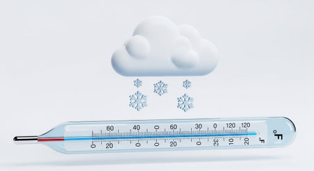A classic mercury thermometer lies horizontally, its bulb end on the right. The red mercury column indicates a very low temperature, below freezing. Above the thermometer, a stylized white cloud is shown with several blue snowflakes falling from it. The background is a clean, light gray, highlighting the scientific instrument and the winter weather theme.の素材
