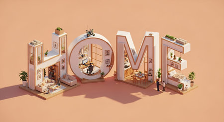 This isometric 3D presents the word "HOME" creatively built from miniature house sections, each revealing a distinct interior. The scenes include a living room with sofas, a home office with a desk and computer, and a bedroom. Tiny figures of people are integrated, adding a sense of scale and life to the domestic vignettes. The overall aesthetic is clean and modern, with warm lighting and wooden accents, illustrating the multifaceted nature of home.の素材