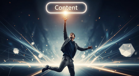 A man in a suit is captured in a dynamic pose, leaping upwards with his hand outstretched towards a glowing, oval-shaped button labeled The background is an abstract, dark expanse filled with streaks of light, glowing particles, and geometric shapes, creating a sense of high-tech energy and motion. The lighting is dramatic, with the button serving as a bright focal point. The conveys a sense of striving, ambition, and the pursuit of digital information or creative output.の素材