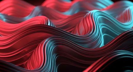 presents a close-up view of metallic waves in red and cyan hues. The surface is characterized by intricate, fine lines that follow the curves of the undulating forms, adding a detailed texture. Subtle reflections play across the smooth, glossy surface, creating a sense of depth and sophistication. The contrast between the vibrant colors and the dark background emphasizes the dynamic and fluid nature of the composition.の素材