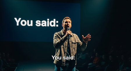 A man stands on a stage, holding a microphone and speaking with animated gestures. Behind him, a large screen the words "You said:" in bold white lettering. The stage is dimly lit, with the speaker illuminated by spotlights. The background a blurred audience seated in darkness. The overall impression is of a modern presentation or performance.の素材