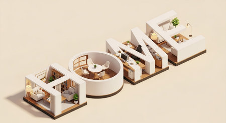 This isometric showcases a versatile home interior integrated within the letters of "HOME." The cleverly combines different functional zones. One section a home office setup with a desk, computer, and chair. Another area presents a cozy living room with a sofa, coffee table, and lamp. A circular dining area with a table and chairs is also incorporated. Bookshelves and plants add to the homey feel. The overall aesthetic is modern and minimalist, using a palette of white, beige, and wood,...の素材