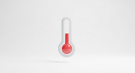 A striking red thermometer is presented in isolation on a pure white background. The thermometer's bulb and the liquid within the glass tube are a vivid red, suggesting heat or a fever. The white casing and the subtle shadow beneath the create a clean, look. is conveying concepts related to heat, temperature, or health.の素材
