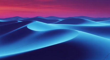 This abstract digital showcases a landscape of smooth, undulating desert dunes bathed in a cool blue light. The sky above is a dramatic gradient of deep pink and vibrant red, creating a striking contrast with the blue terrain. The rolling forms of the dunes create a sense of depth and movement, with subtle shadows highlighting their curves. The evokes a futuristic and surreal atmosphere, with a dreamlike and a focus on color and form.の素材