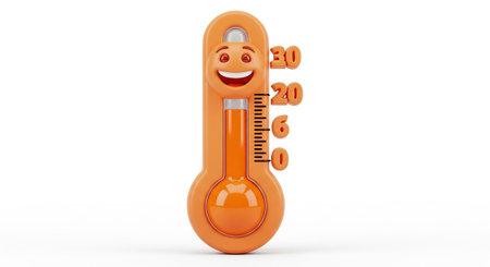 A 3D rendered cartoon thermometer character with a prominent, wide smile and expressive eyes. The orange body a clear scale with numerical markings up to 30, and the red liquid inside indicates a warm temperature. The thermometer is isolated on a white background, emphasizing its playful and educational The visible numbers on the scale make it particularly useful for illustrating temperature readings or concepts.の素材