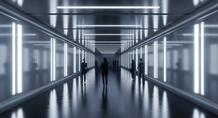 a long, futuristic corridor with a highly reflective floor and bright, vertical light panels on the walls. Several human silhouettes are walking away from the viewer, creating a sense of movement and purpose within the sterile, advanced environment. The perspective draws the eye towards a distant vanishing point. The lighting is stark and modern, casting long shadows and reflections on the polished surface, emphasizing the architectural lines and the sense of being in a technologically...の素材